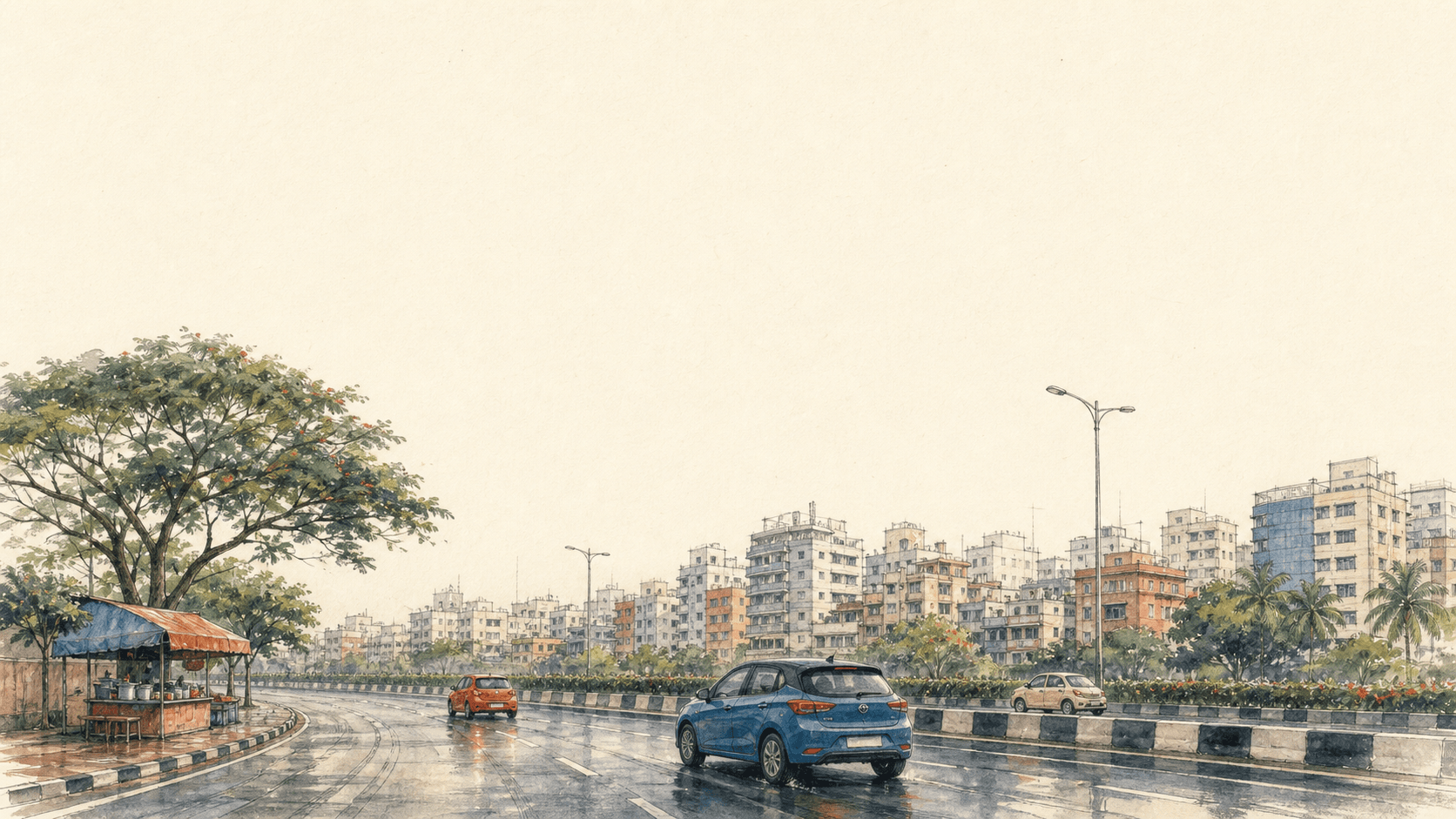 Hand-drawn Indian city road with three cars, apartment buildings, a rain tree and a roadside chai stall